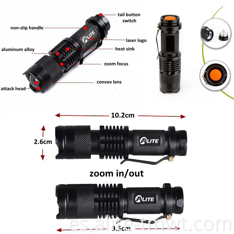 Potente lúmenes de luz de bolsillo con antorcha UV de 395 nm zoomable para acampar el uso de emergencia al aire libre